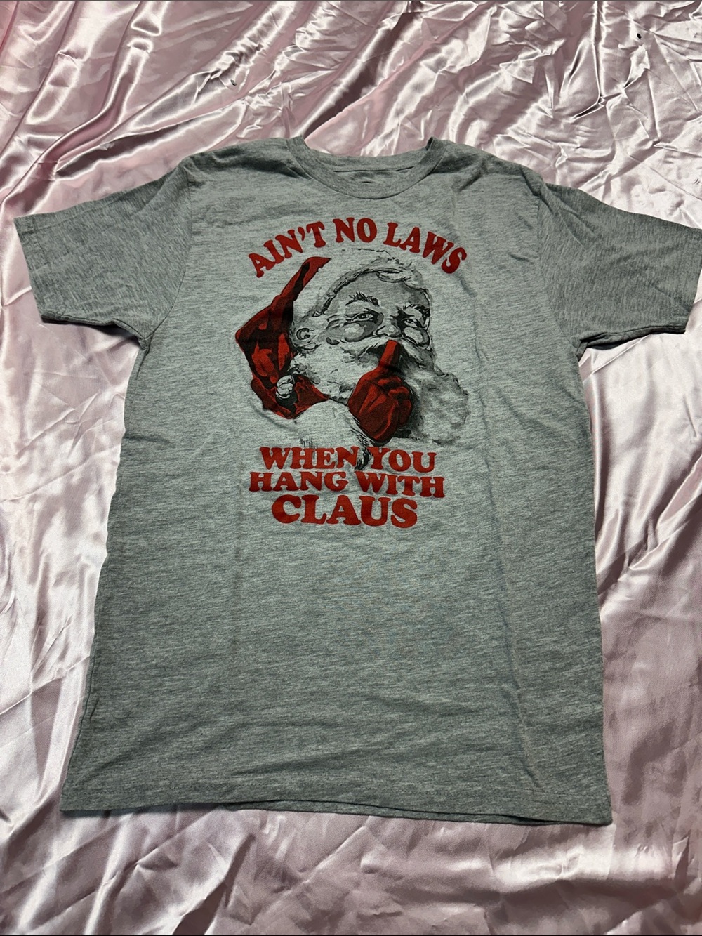 Holiday Time Gray Tee with Red Santa Graphic